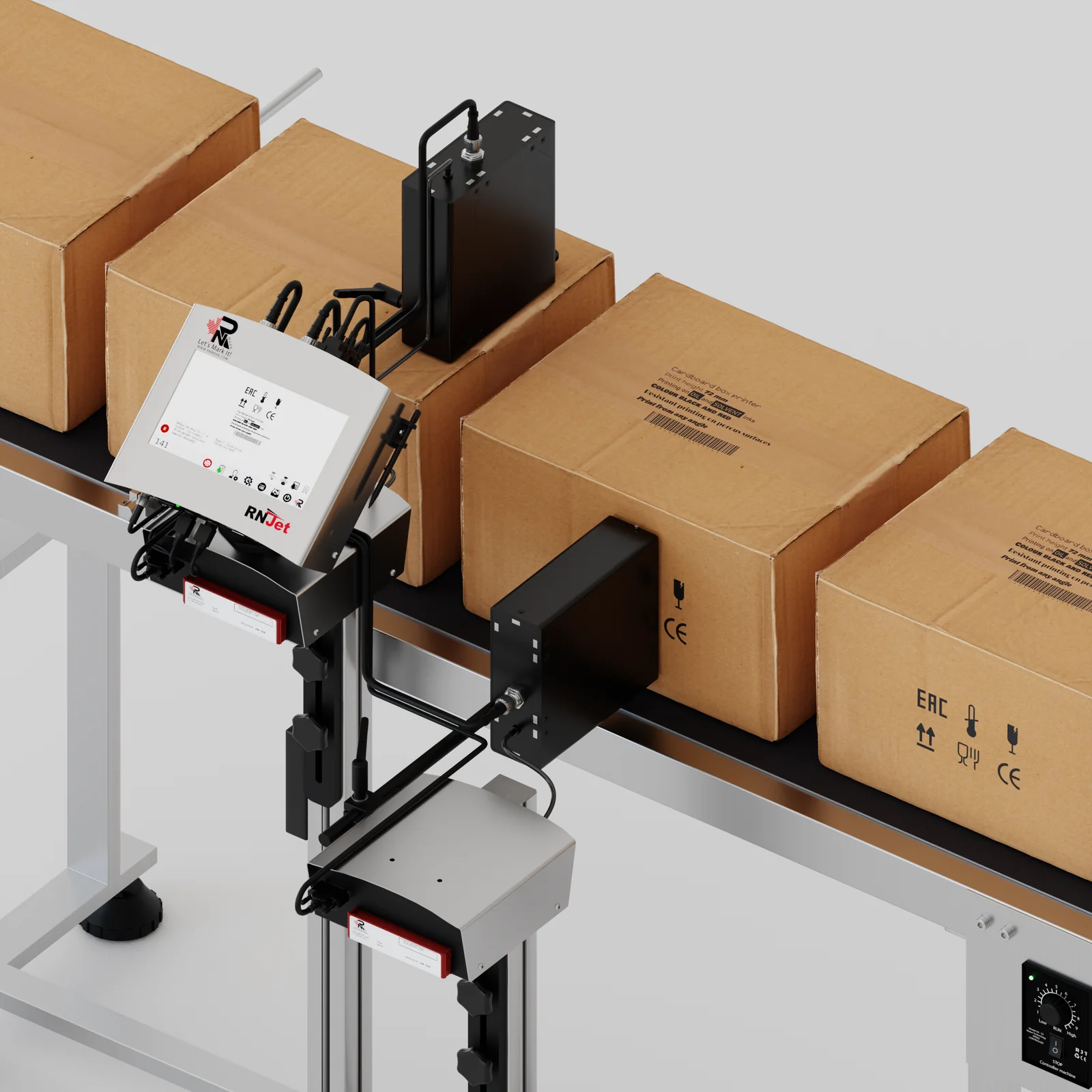 RNJet thermal inkjet printer coding a box on a production line
