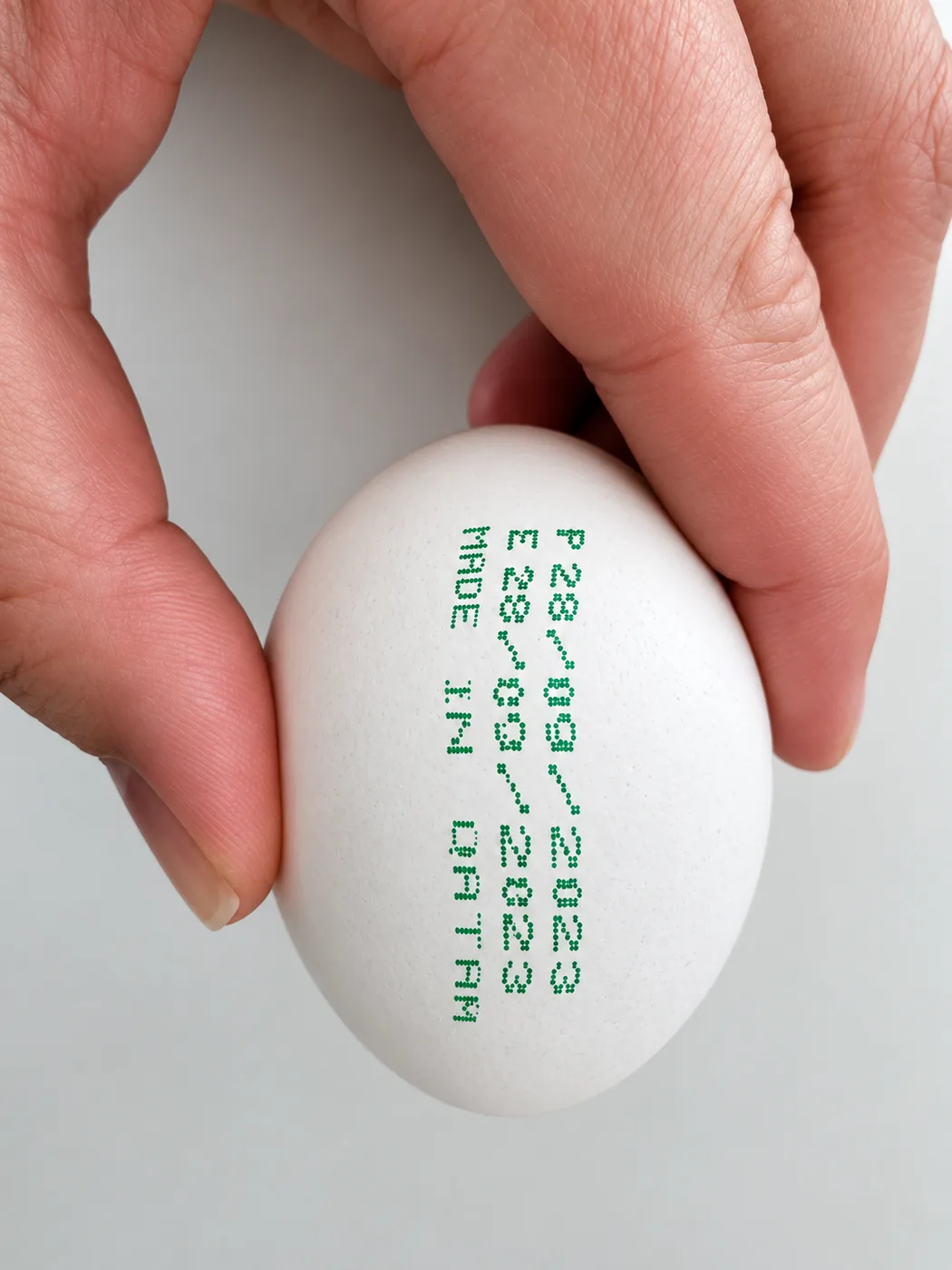 RNJet EP-6H+ green food-grade ink code printed on a shell egg
